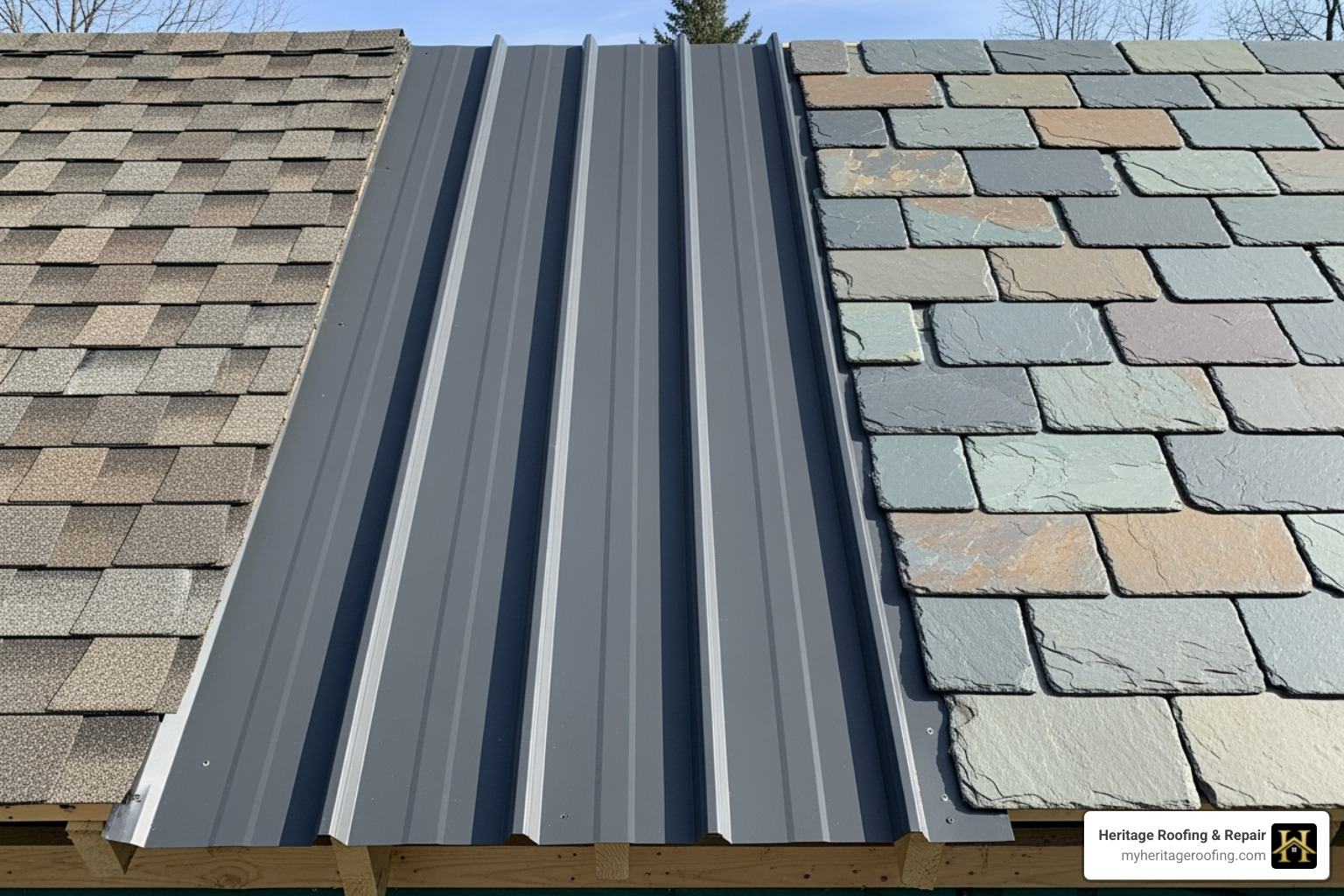 IMAGE of different roofing materials like asphalt shingles, metal panels, and slate tiles - roof replacement cost estimate
