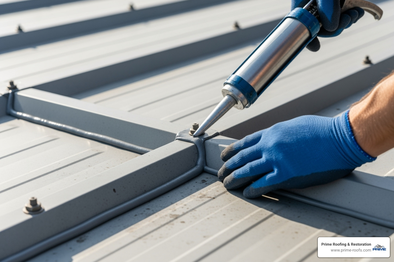 close-up shot of a metal roof seam being sealed - industrial roofing repairs near me