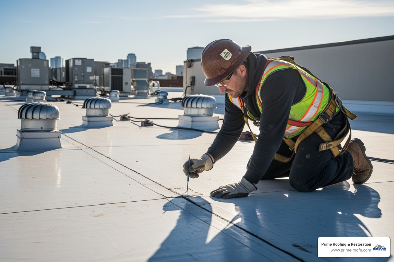 professional roofer inspecting a TPO roof system - industrial roofing repairs near me