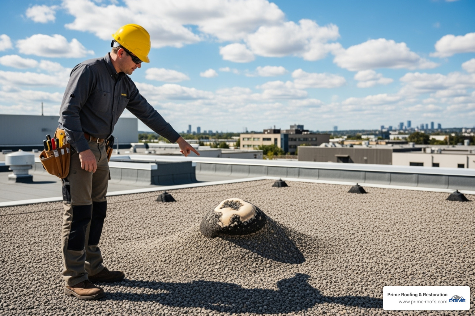 Roof inspector pointing out a blister - industrial roof repairs