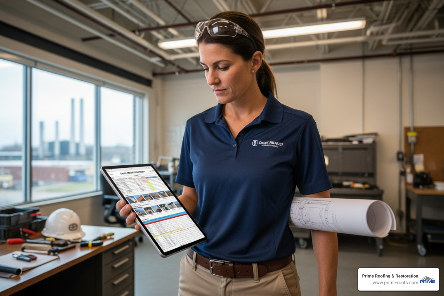 Facility manager reviewing roof maintenance report - industrial roof repairs