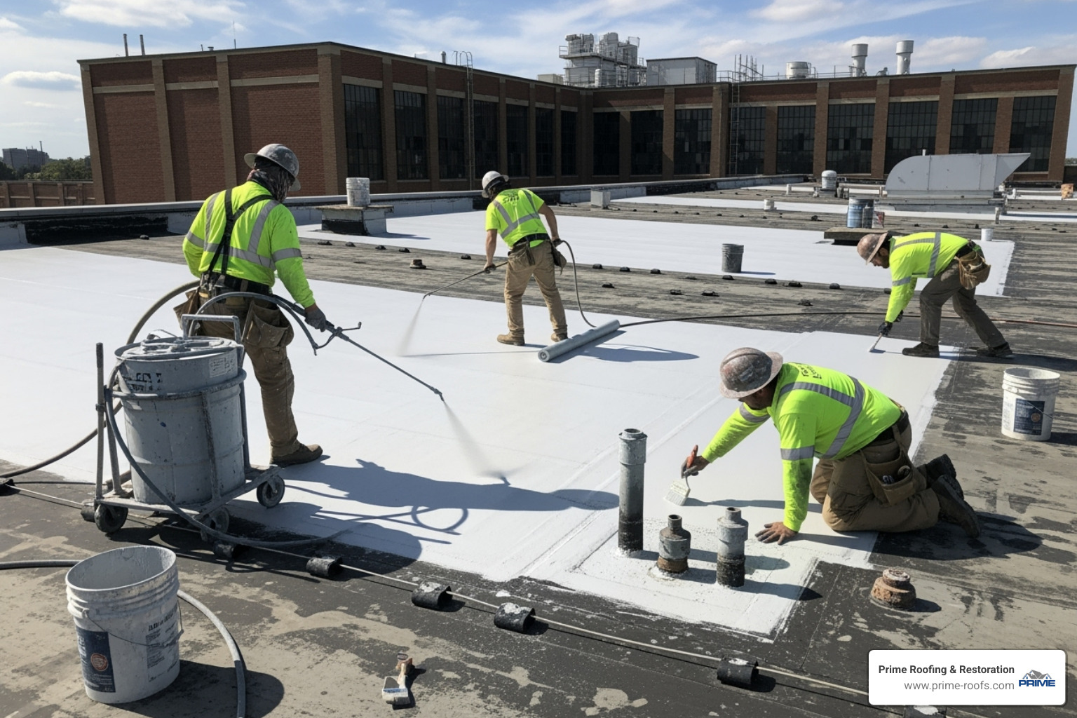 Roofing crew applying specialized coating - industrial roof repairs