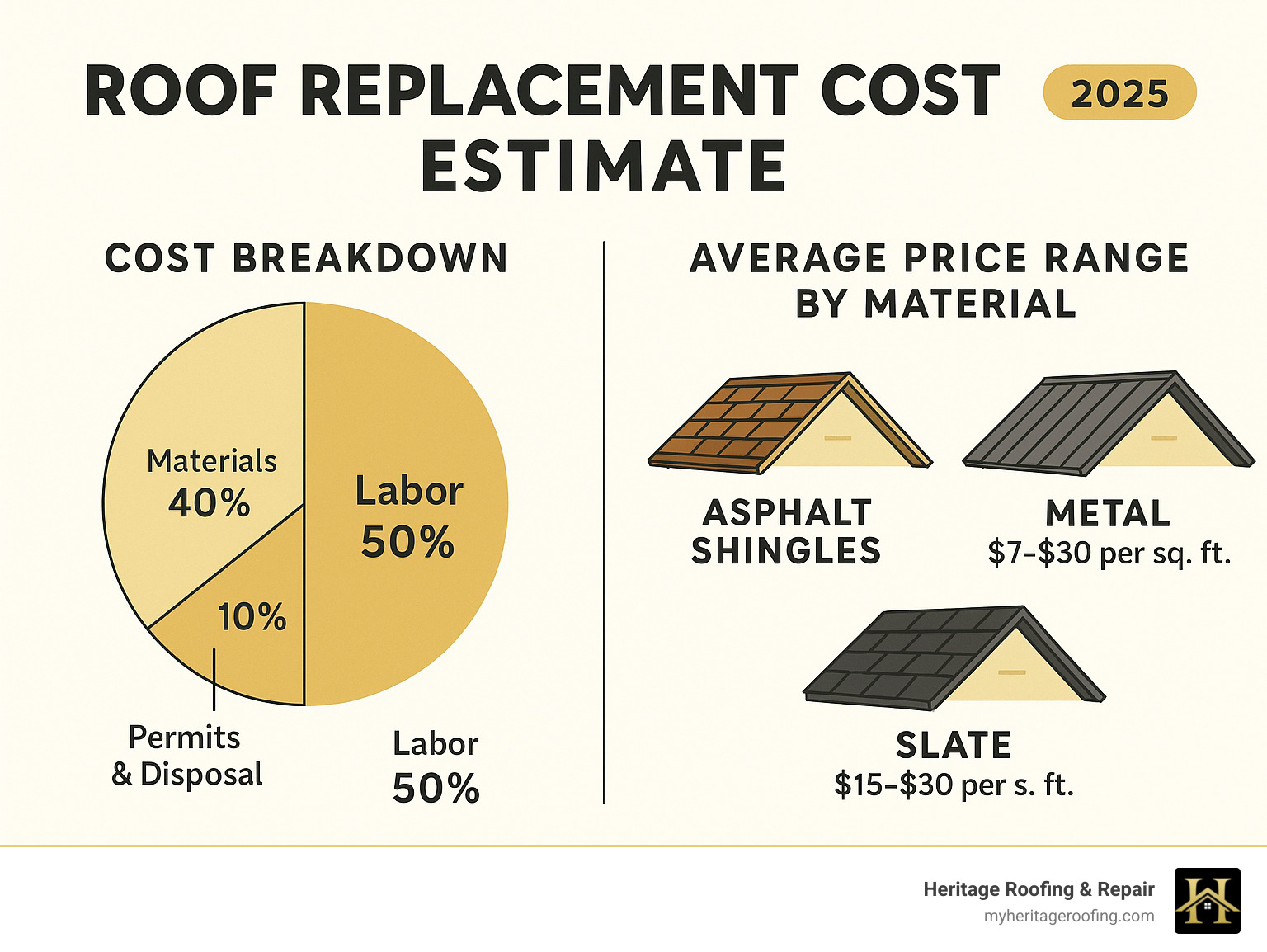 Detailed infographic showing roof replacement cost breakdown including materials (40% of cost), labor (50% of cost), permits and disposal (10% of cost), with average price ranges for different roofing materials like asphalt shingles, metal, and slate - roof replacement cost estimate infographic 