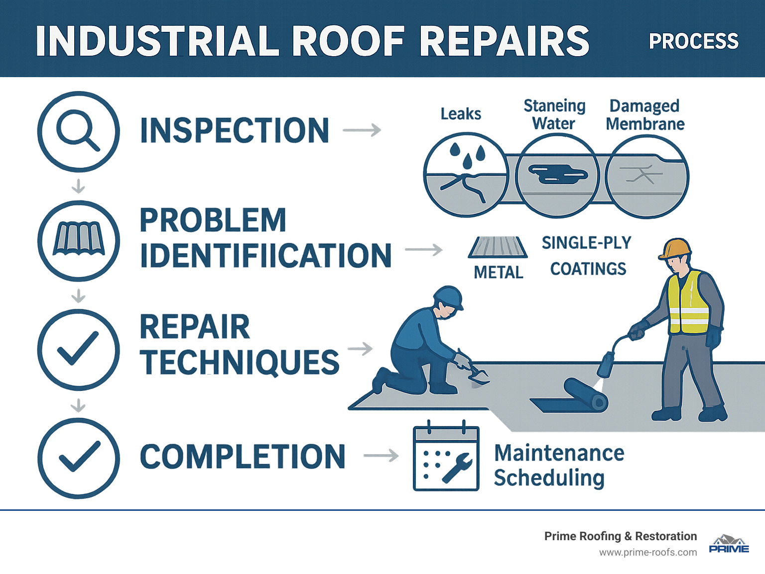 Comprehensive infographic showing the industrial roof repair process from inspection through completion, including common problem identification, material selection, repair techniques, and maintenance scheduling for optimal longevity - industrial roof repairs infographic 