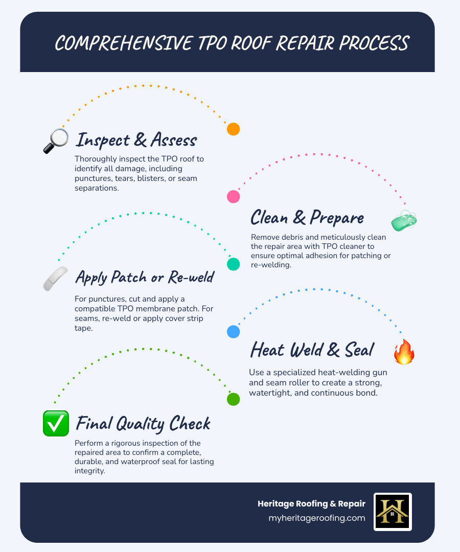 Comprehensive TPO roof repair process showing inspection, cleaning, patching, heat welding, and final quality check steps with required tools and materials - TPO roof repair infographic infographic-line-5-steps-blues-accent_colors