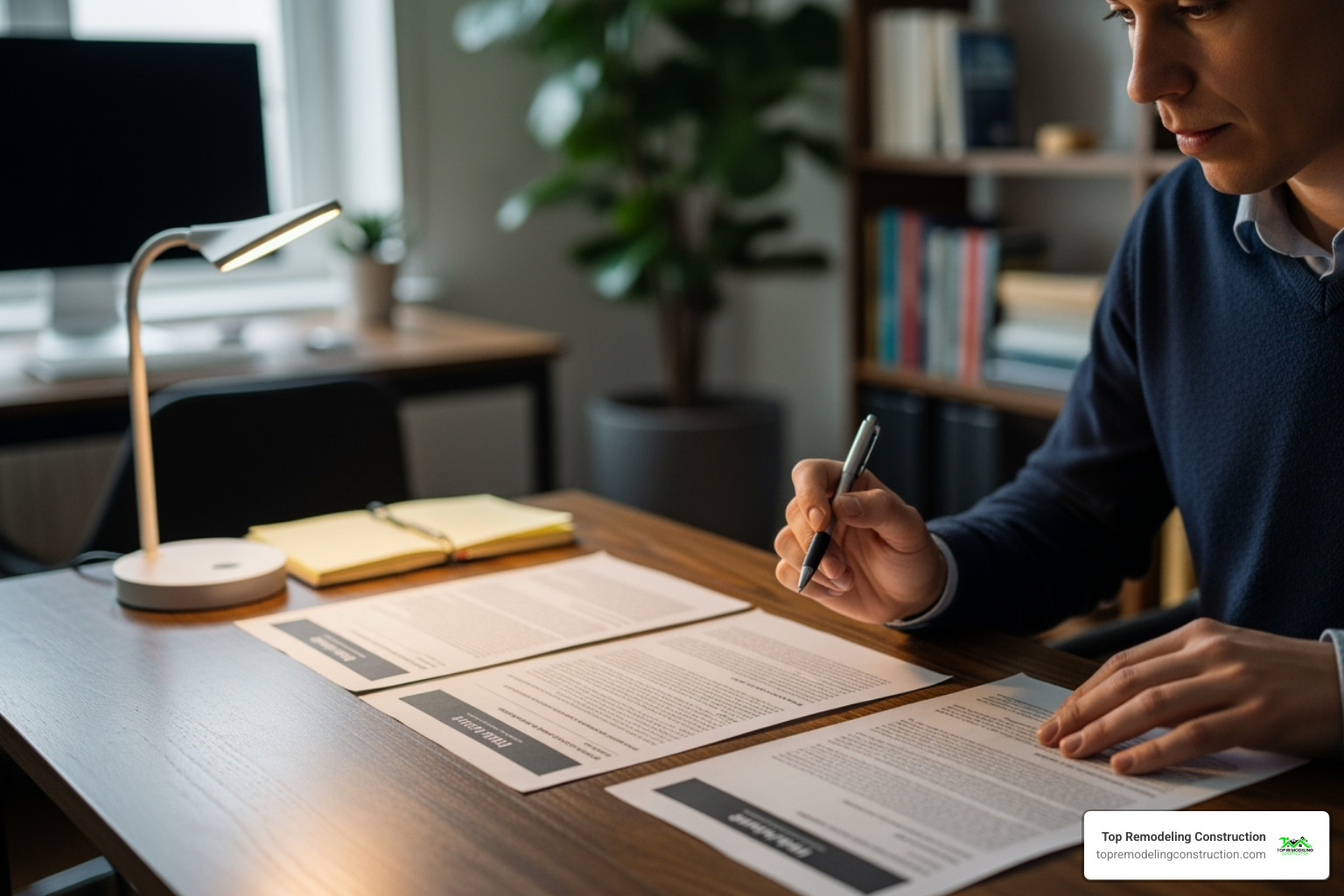 person comparing three different quote documents at a desk - kitchen renovation quotes person comparing three different quote documents at a desk - kitchen renovation quotes