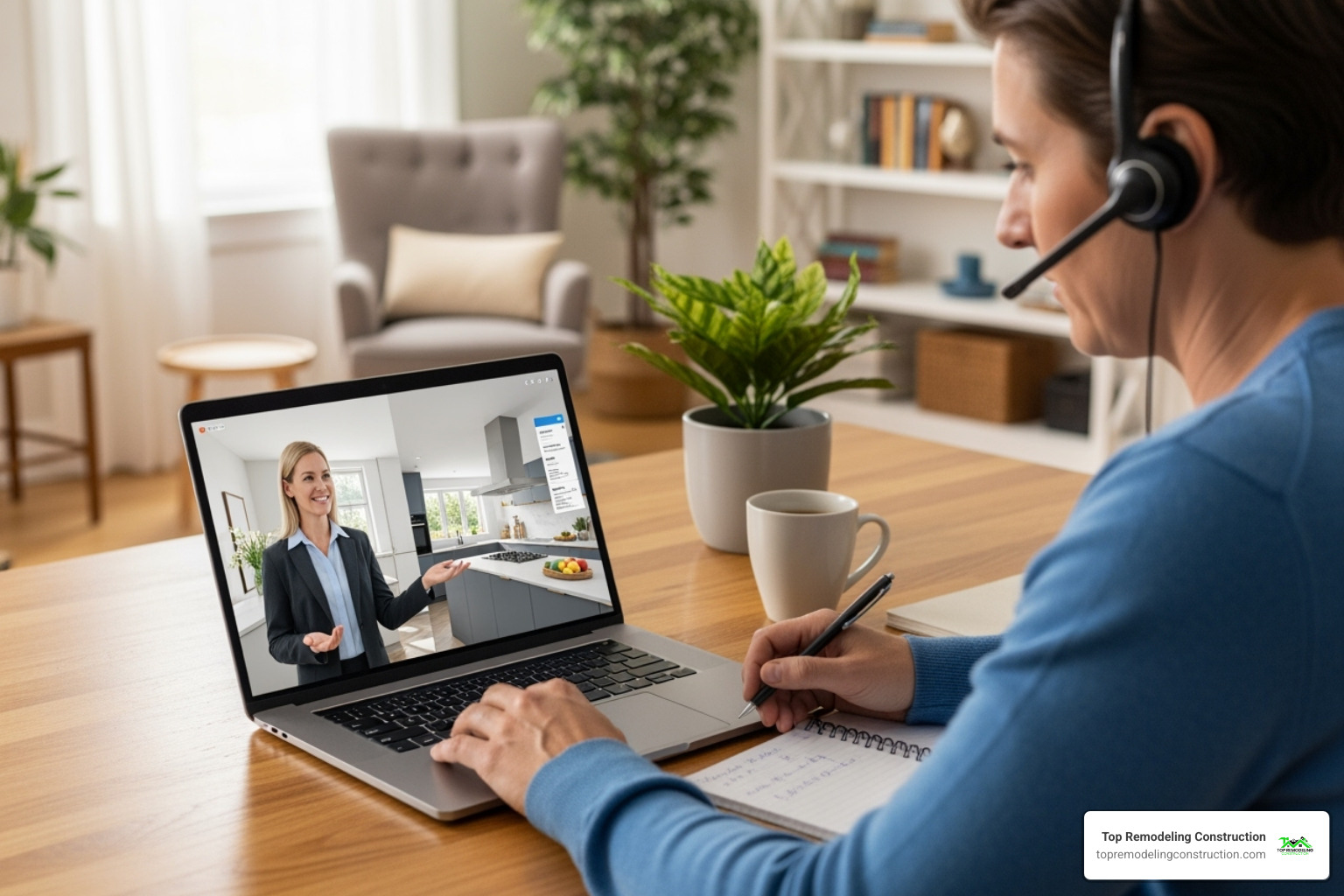 homeowner having a virtual design consultation on a laptop - kitchen renovation quotes homeowner having a virtual design consultation on a laptop - kitchen renovation quotes