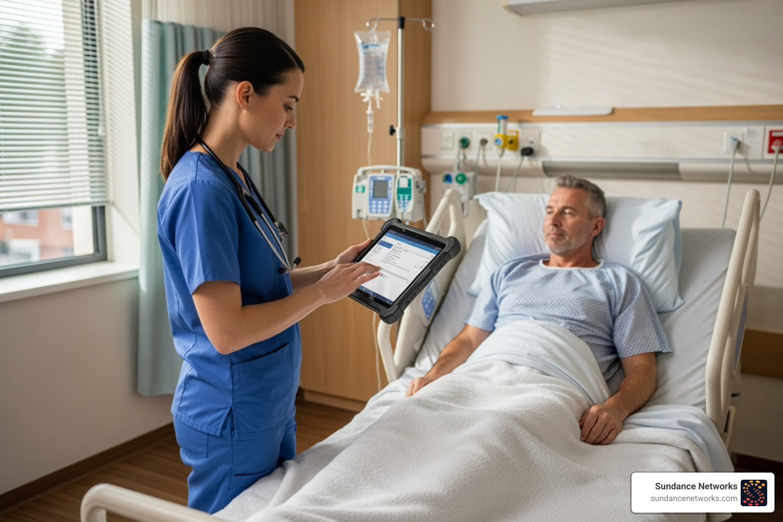 Nurse using a rugged tablet at a patient's bedside - Healthcare IT hardware Nurse using a rugged tablet at a patient's bedside - Healthcare IT hardware