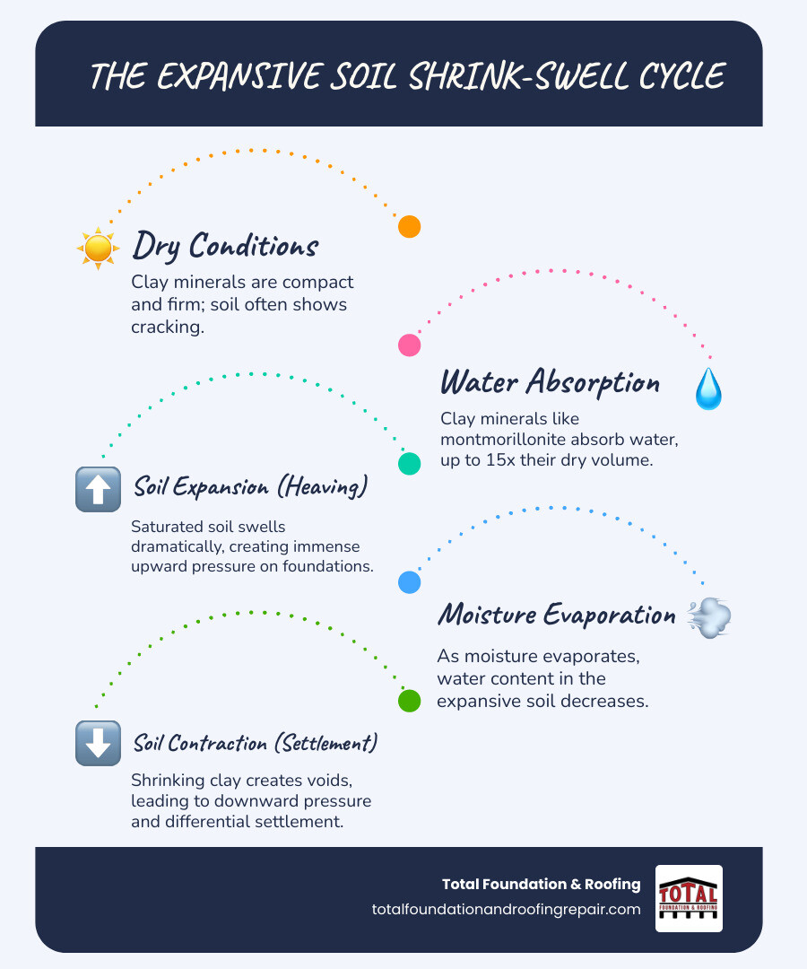 Infographic showing the shrink-swell cycle of expansive soil with a house on a dry cracked soil during drought conditions on the left side, and the same house on wet swollen soil during rainy conditions on the right side, with arrows indicating soil movement and pressure against the foundation - Expansive soil foundation infographic infographic-line-5-steps-blues-accent_colors