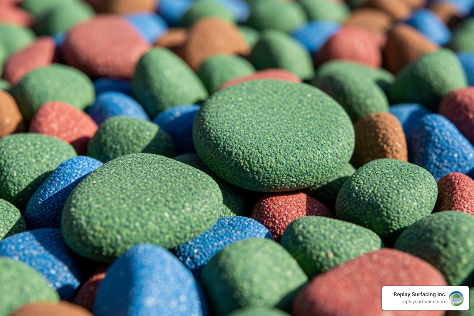 Image of different colored rubber mulch nuggets, with green being the most prominent. - green rubber mulch Image of different colored rubber mulch nuggets, with green being the most prominent. - green rubber mulch