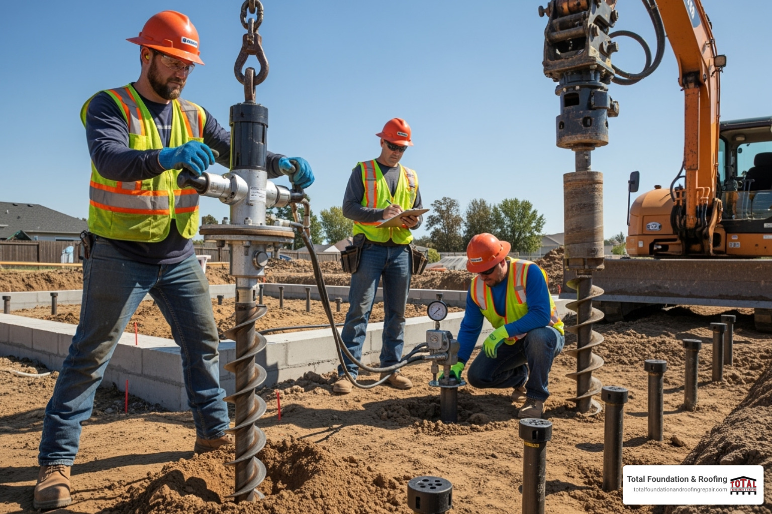 professional crew installing helical piers - home foundation problems