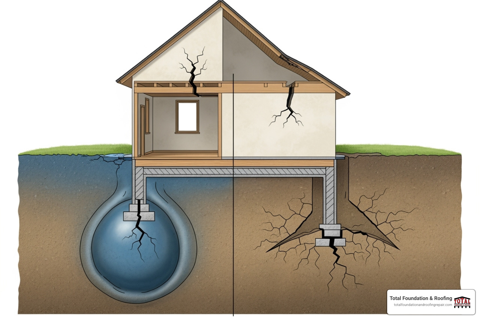 animated diagram showing how expansive clay soil swells when wet and shrinks when dry, causing a house foundation to shift - home foundation problems