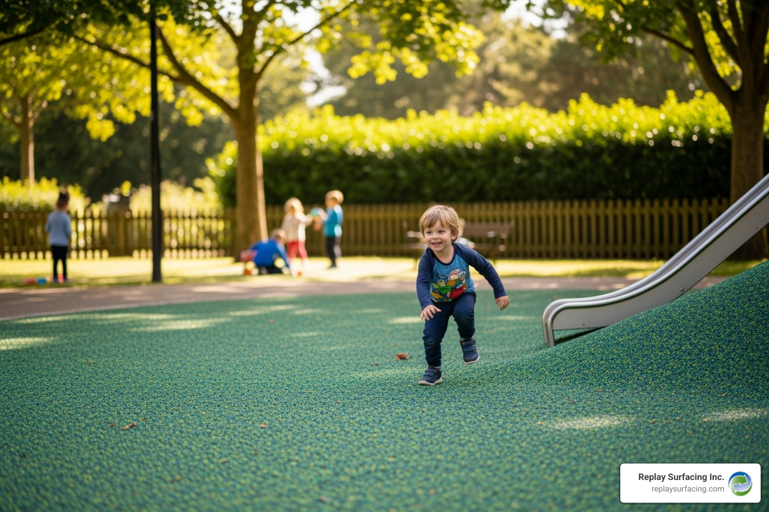 Image of a child safely playing on a green rubber mulch surface in a local park. - green rubber mulch Image of a child safely playing on a green rubber mulch surface in a local park. - green rubber mulch