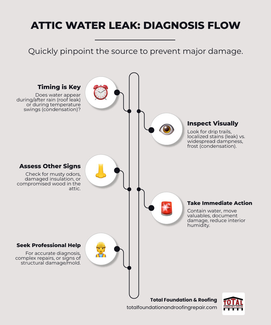 Comprehensive diagnostic flowchart showing how to identify attic water leak sources: starting with timing of water appearance, branching into roof leak indicators (occurs during rain, visible drip trails, damaged shingles) versus condensation indicators (occurs during temperature changes, widespread dampness, frost buildup), with immediate action steps for each scenario - Attic water leak infographic infographic-line-5-steps-neat_beige Comprehensive diagnostic flowchart showing how to identify attic water leak sources: starting with timing of water appearance, branching into roof leak indicators (occurs during rain, visible drip trails, damaged shingles) versus condensation indicators (occurs during temperature changes, widespread dampness, frost buildup), with immediate action steps for each scenario - Attic water leak infographic infographic-line-5-steps-neat_beige