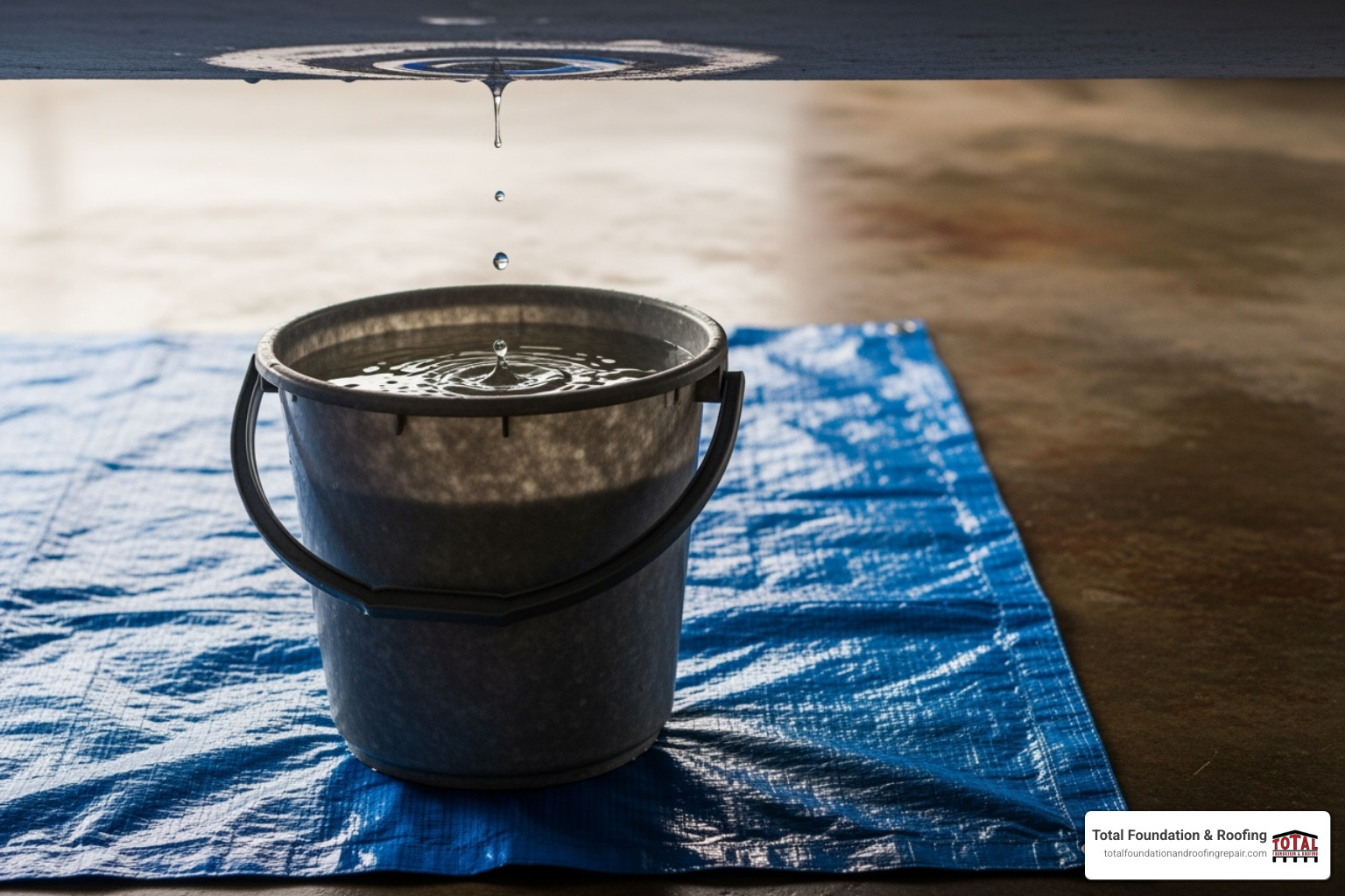 bucket placed on a plastic tarp under a ceiling drip - Attic water leak bucket placed on a plastic tarp under a ceiling drip - Attic water leak