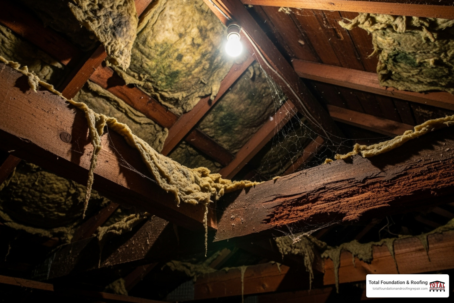 dark, damp, and moldy attic insulation and wooden beams - Attic water leak dark, damp, and moldy attic insulation and wooden beams - Attic water leak