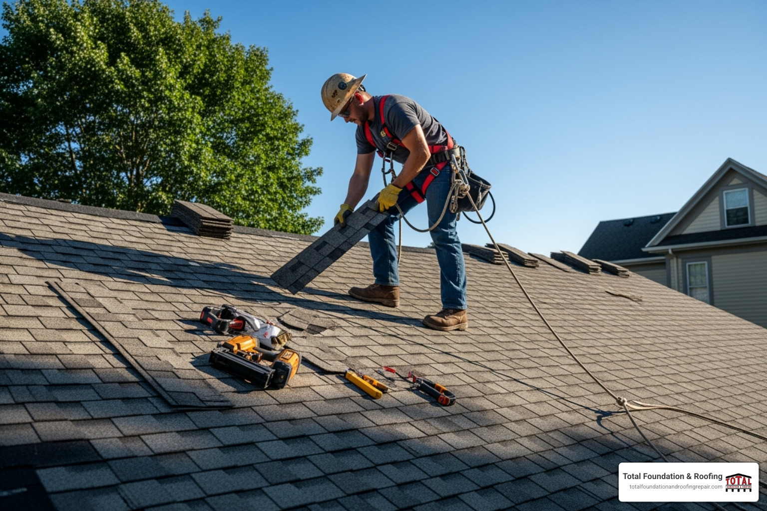 roofer using safety harness on a roof - Attic water leak roofer using safety harness on a roof - Attic water leak