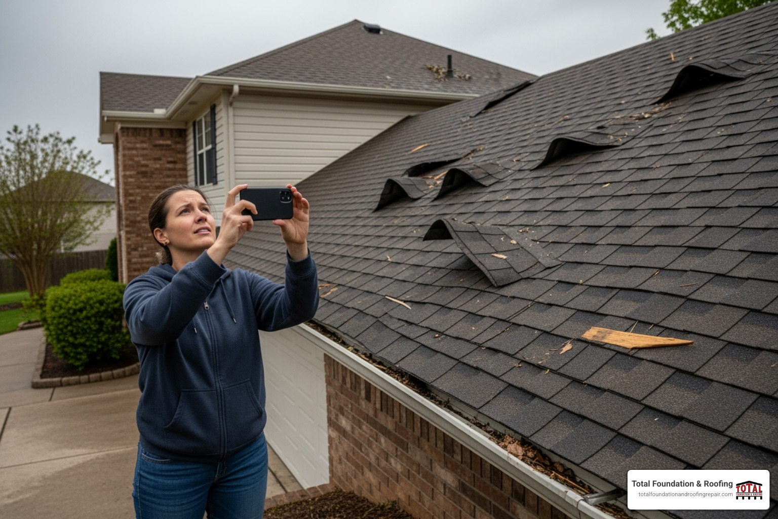 homeowner safely taking photos of a damaged roof from the ground - storm damage restoration service
