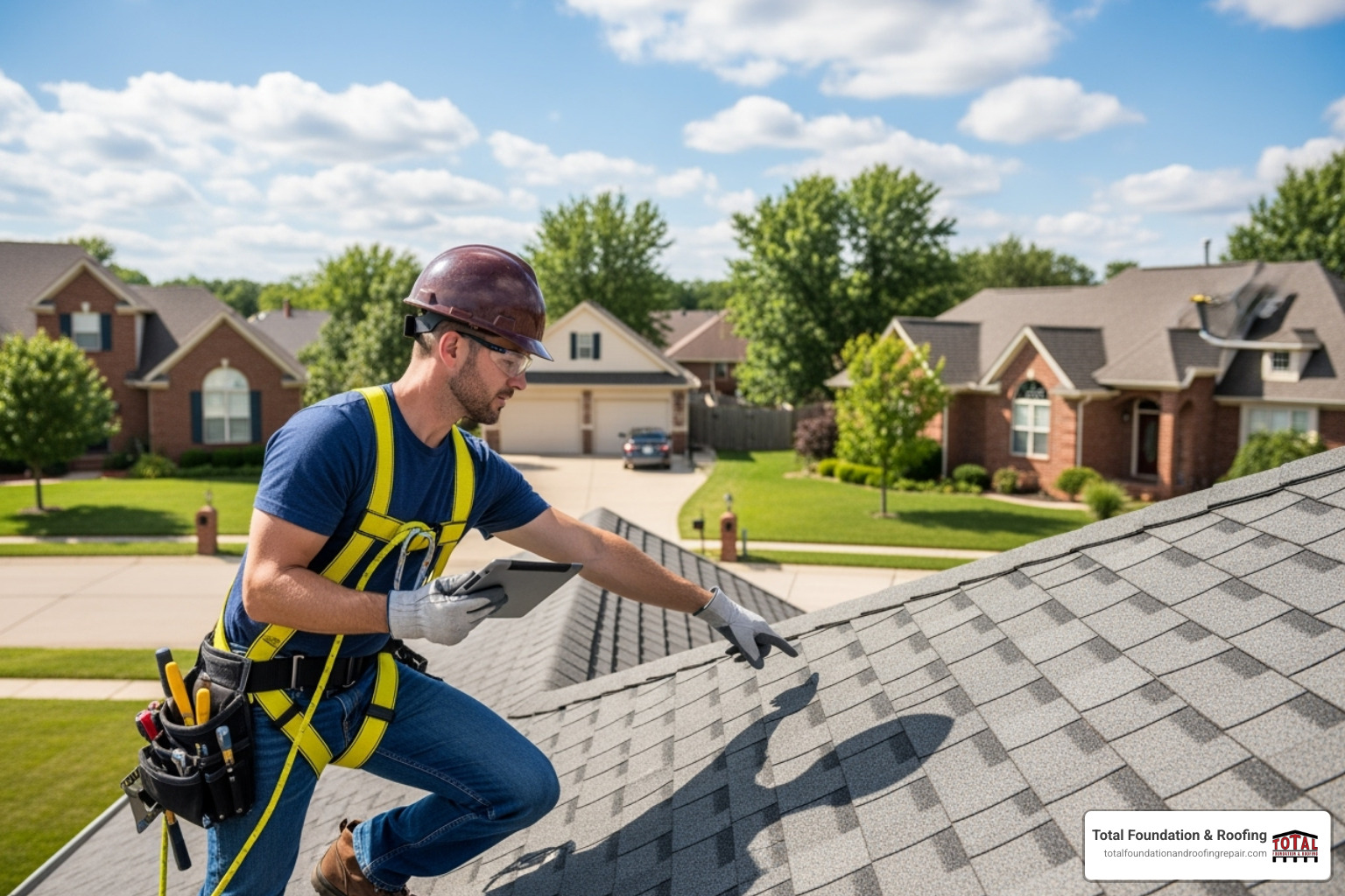 professional roofer conducting a roof inspection with safety harness - storm damage restoration service