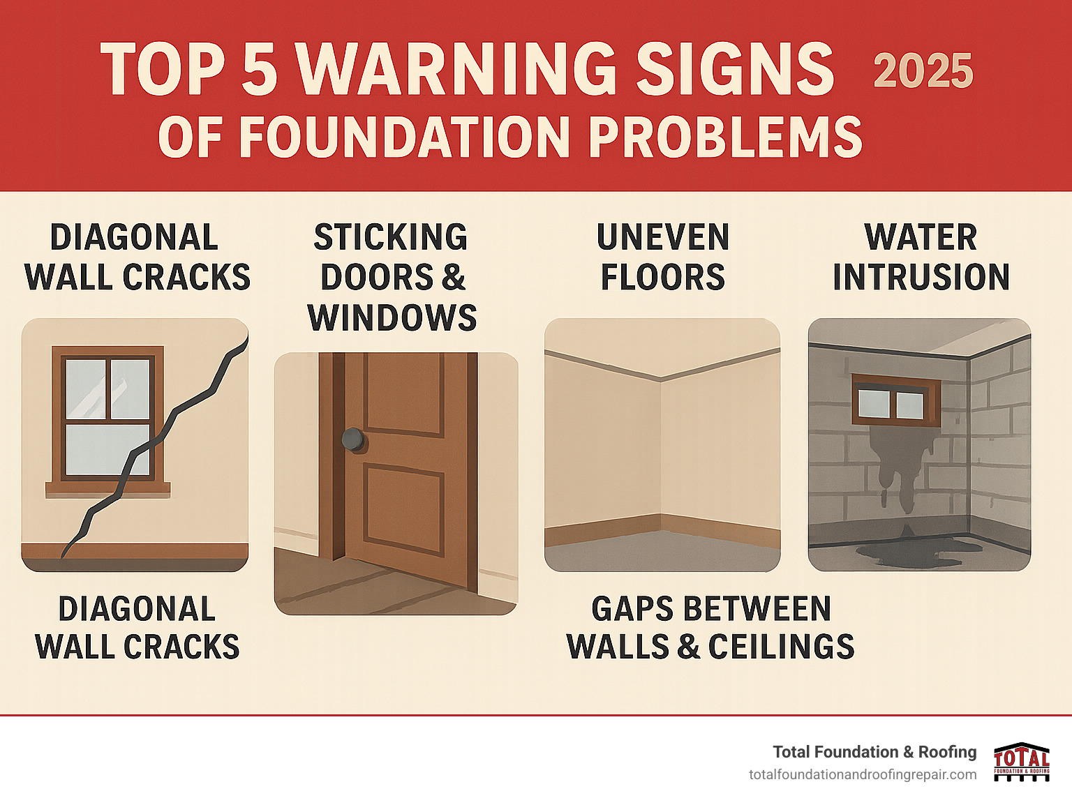 Infographic showing the top 5 warning signs of foundation problems: diagonal wall cracks indicating settlement, doors and windows that stick or won't close properly, uneven floors that cause objects to roll, visible gaps between walls and ceilings, and water stains or moisture in basements indicating foundation leaks - home foundation problems infographic 