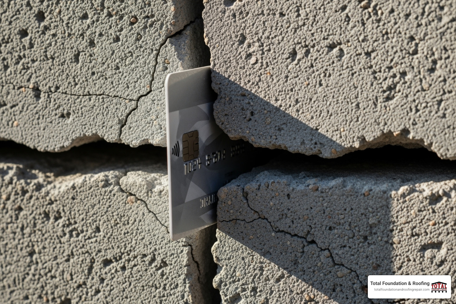 Image of a credit card being inserted into a foundation crack to demonstrate the 1/8-inch rule - Foundation crack solutions