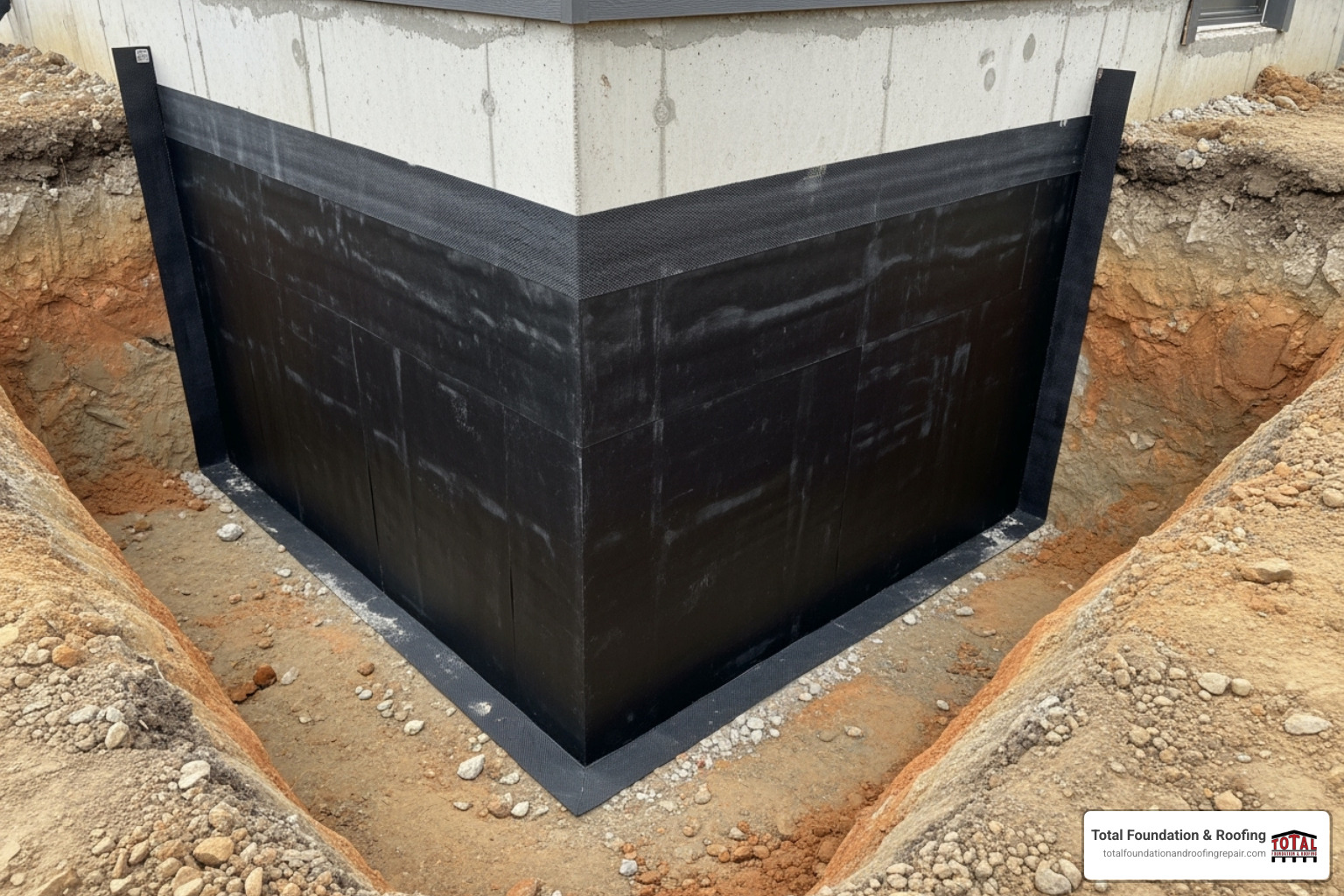 Exterior foundation wall with a waterproofing membrane applied - Foundation crack solutions