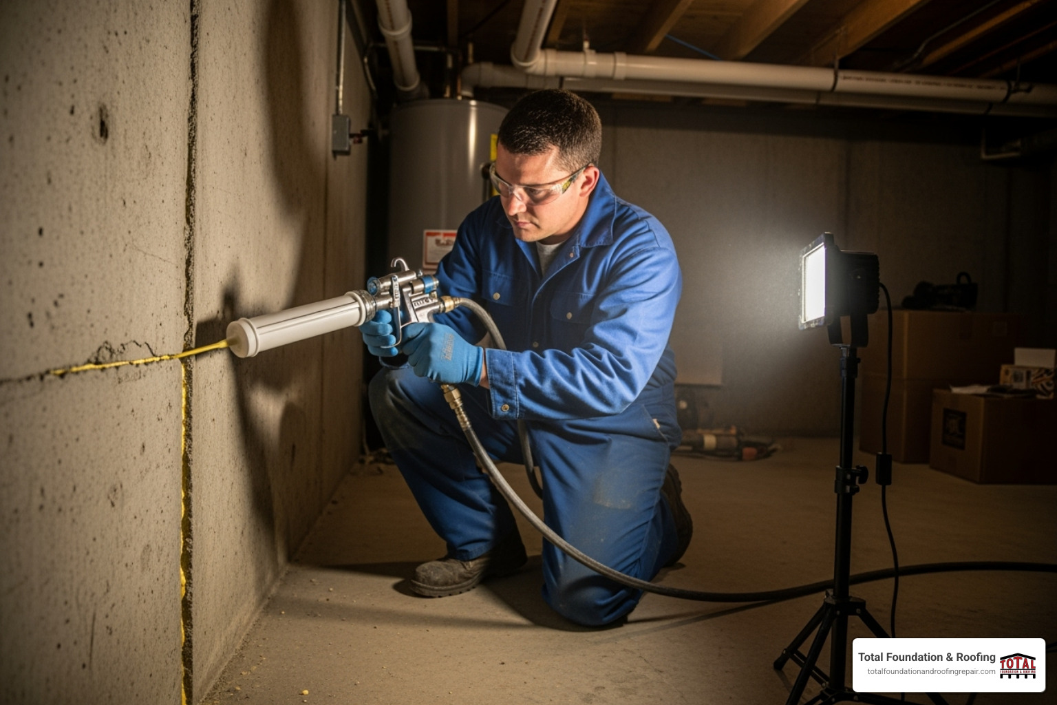 Technician performing polyurethane injection on a basement wall - Foundation crack solutions