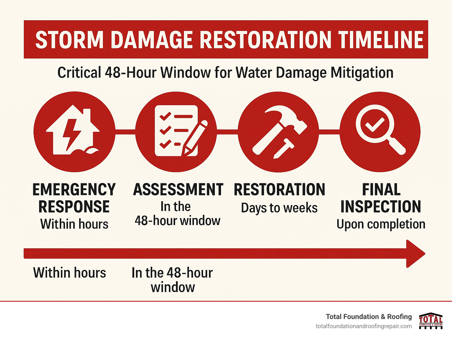 Storm damage restoration timeline showing critical 48-hour window for water damage mitigation, emergency response steps, assessment phase, restoration work, and final inspection with timeframes for each stage - storm damage restoration service infographic 