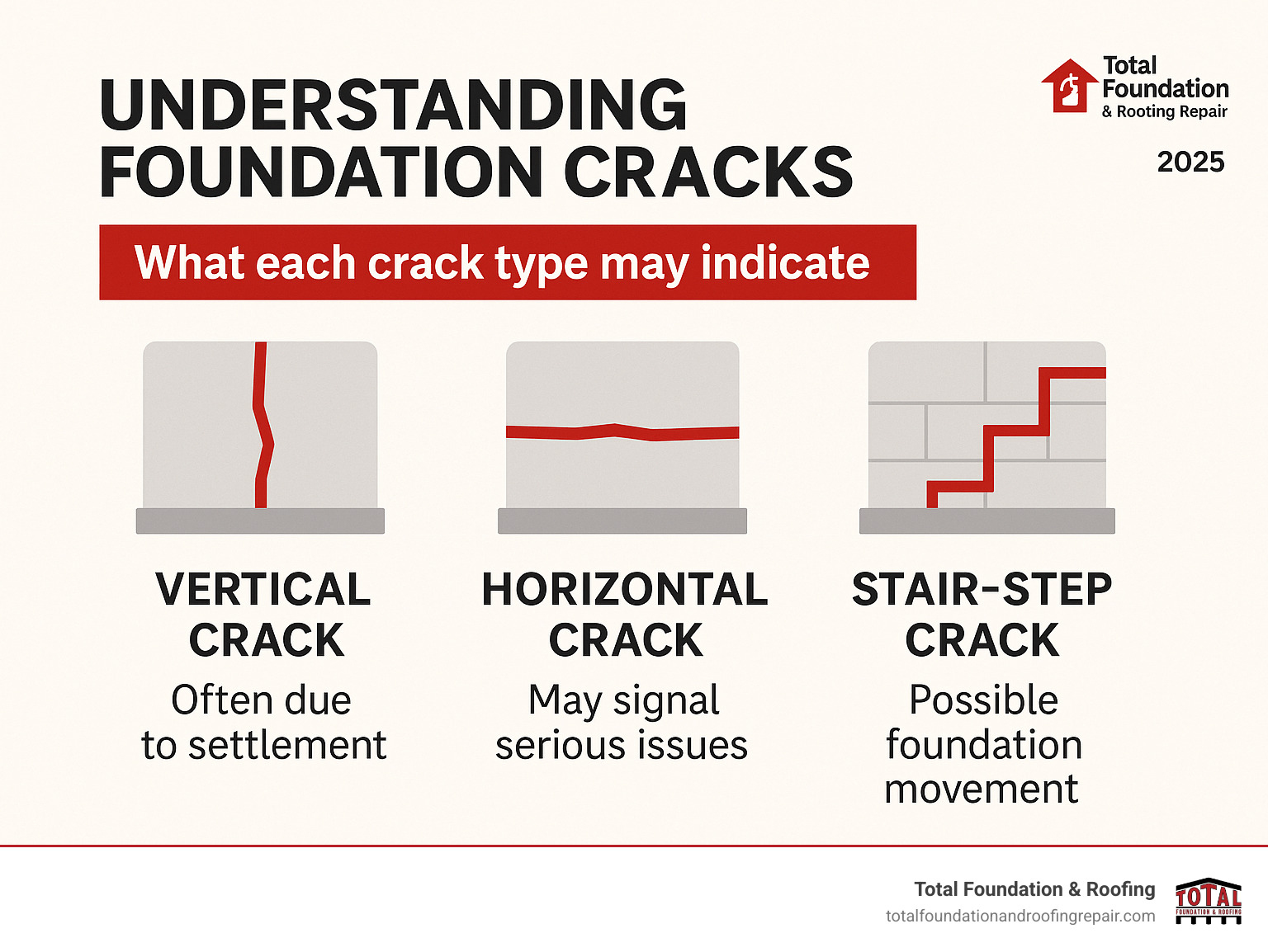 Infographic explaining the difference between vertical, horizontal, and stair-step foundation cracks and what each typically signifies - Foundation crack solutions infographic 