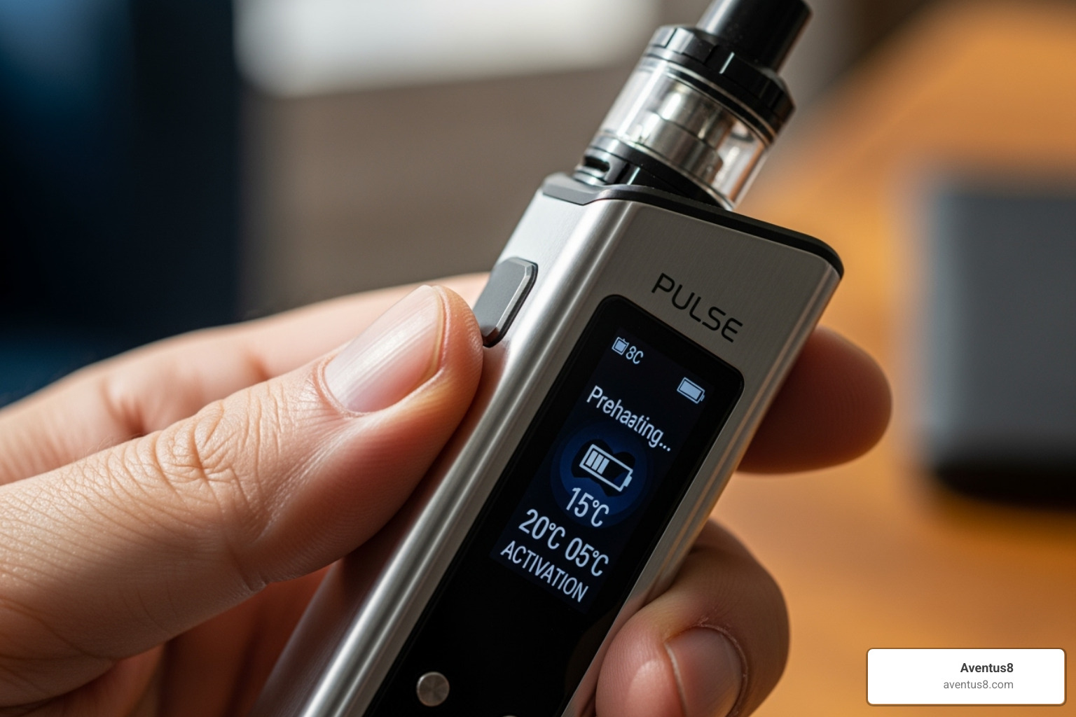 person activating preheat function on Pulse vape with screen visible - pulse thc disposable vape instructions