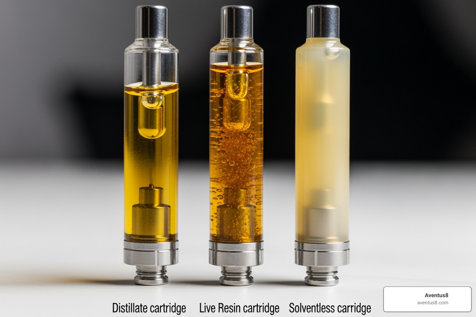 Image of three different types of vape cartridges lined up: a distillate cartridge, a live resin cartridge, and a solventless cartridge - THC vape cartridges for sale