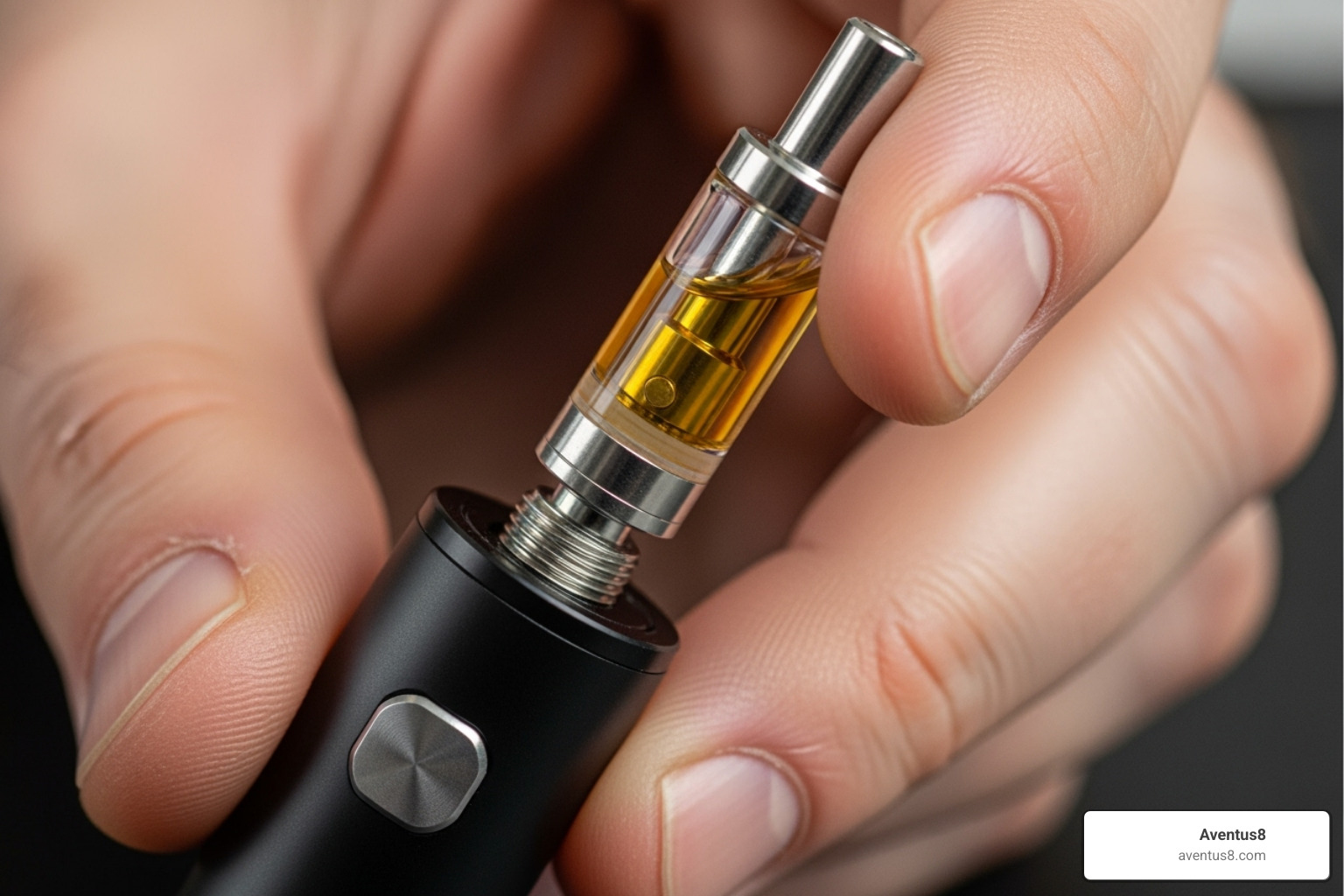 Image showing a hand screwing a vape cartridge onto a 510-thread battery - THC vape cartridges for sale