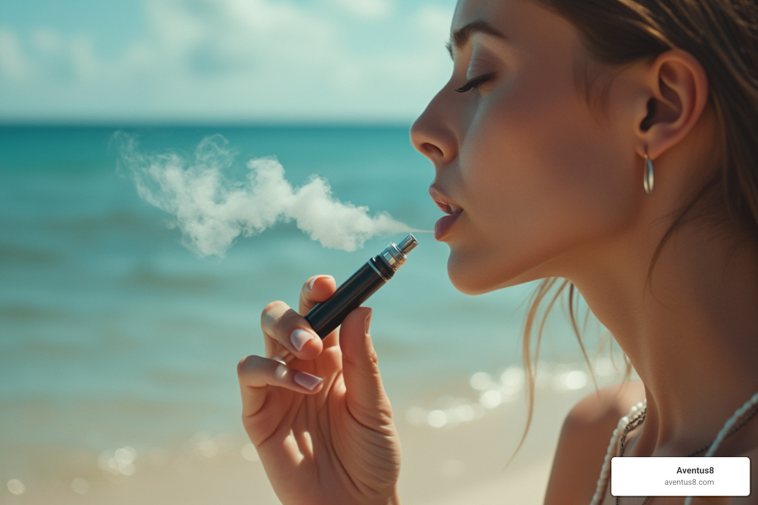 Image of a person enjoying a vape pen on a beach, suggesting discreet use - THC vape cartridges for sale