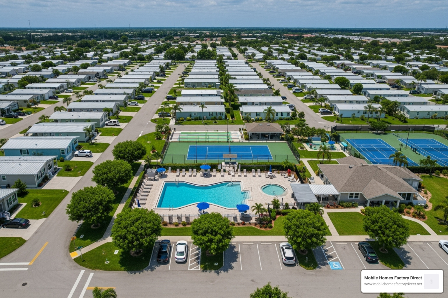 image of a clean, well-maintained mobile home community with a pool - Castroville mobile homes