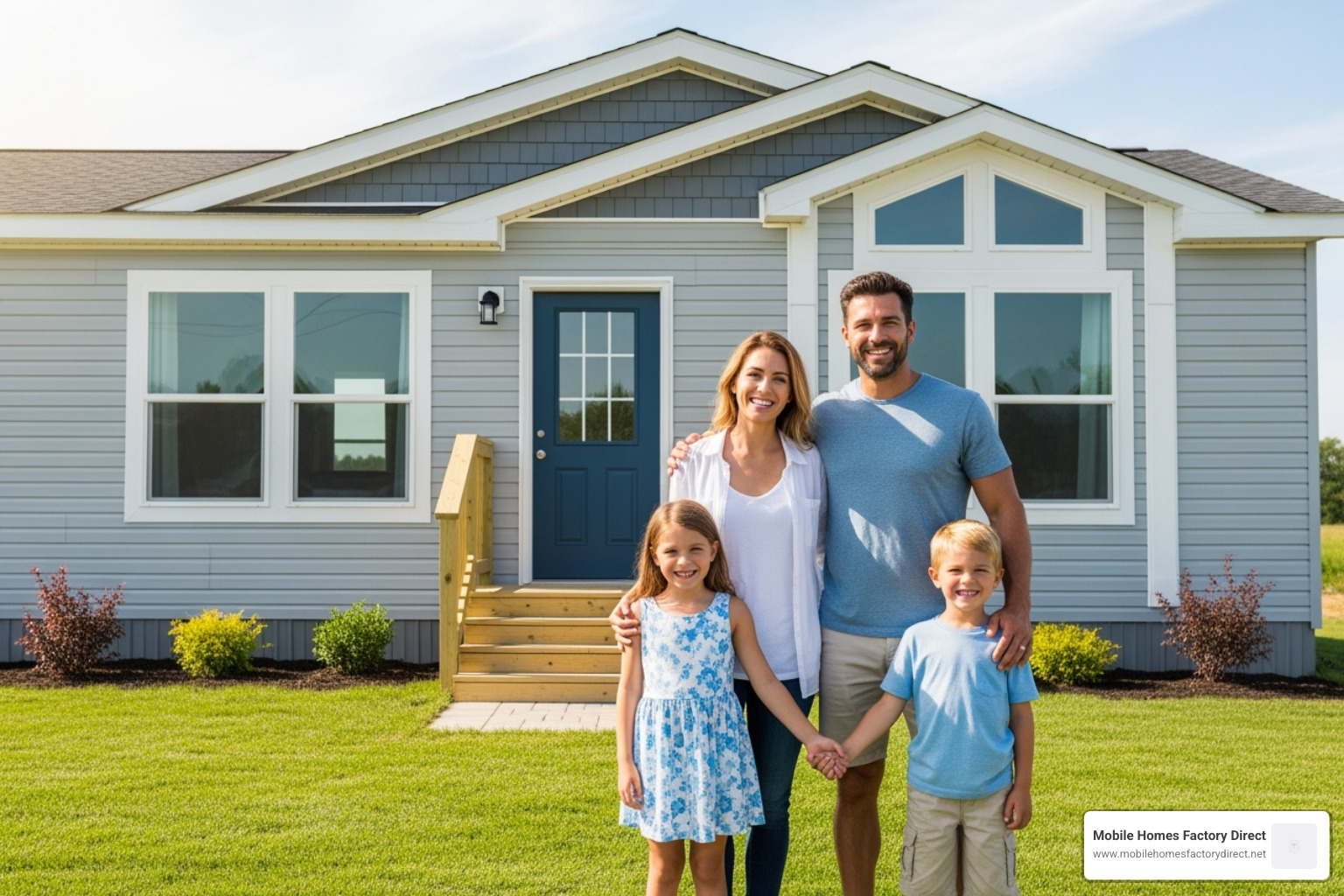 image of a family in front of their new double-wide mobile home - Castroville mobile homes