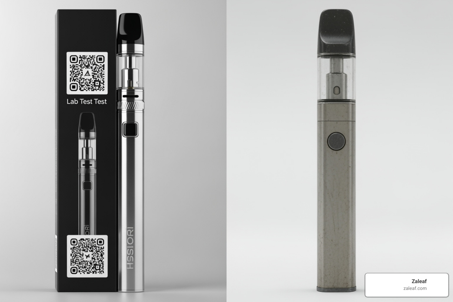 Comparing a professional Zaleaf vape product with a QR code for lab tests to a generic, unbranded counterfeit product - vapes online no id