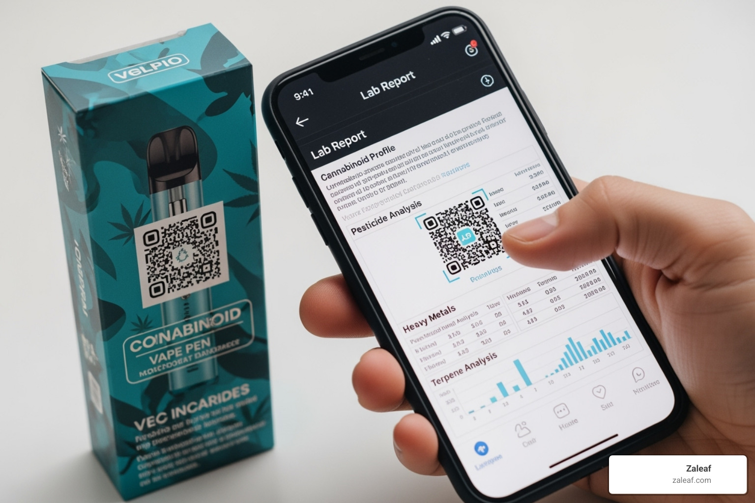 A smartphone scanning a QR code on a Zaleaf vape pen's box, displaying a lab report on the screen - vapes online no id