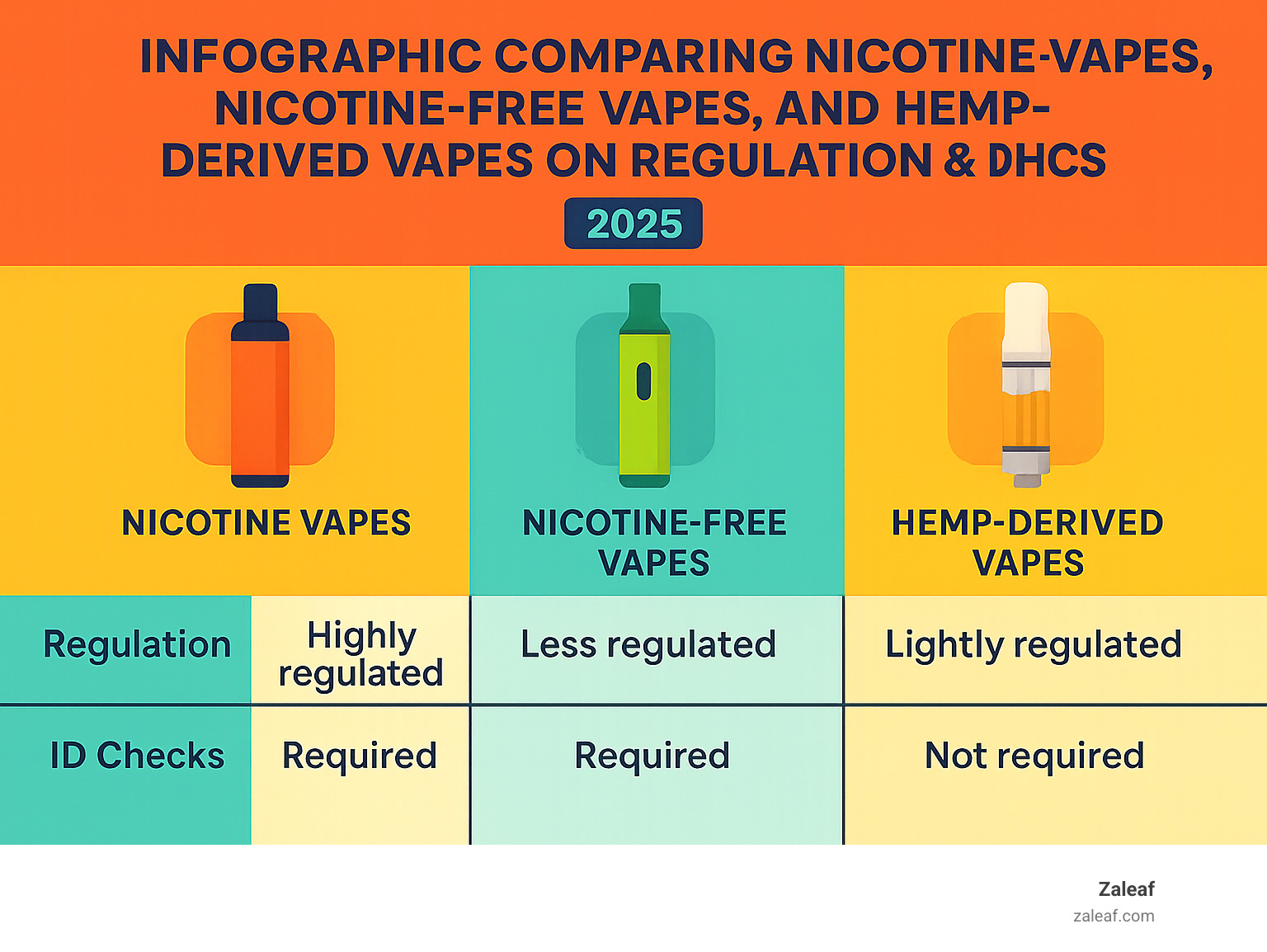 Infographic comparing Nicotine Vapes, Nicotine-Free Vapes, and Hemp-Derived Vapes on Regulation & ID Checks - free vapes online no id infographic 