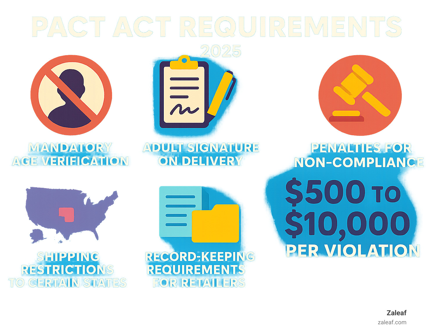 Infographic showing PACT Act requirements including mandatory age verification, adult signature on delivery, shipping restrictions to certain states, record-keeping requirements for retailers, and penalties for non-compliance ranging from $500 to $10,000 per violation - free vapes online no id infographic 