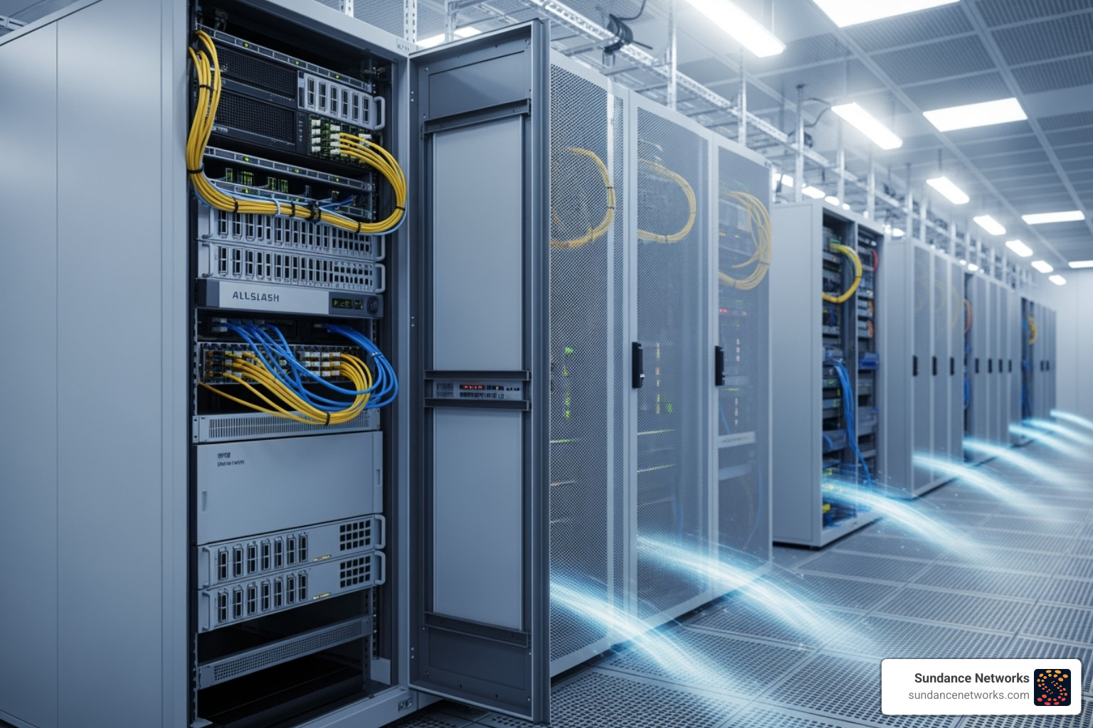 A rack containing various high-performance storage hardware components, including an all-flash array, a high-density chassis, and network cables - it hardware storage solutions A rack containing various high-performance storage hardware components, including an all-flash array, a high-density chassis, and network cables - it hardware storage solutions