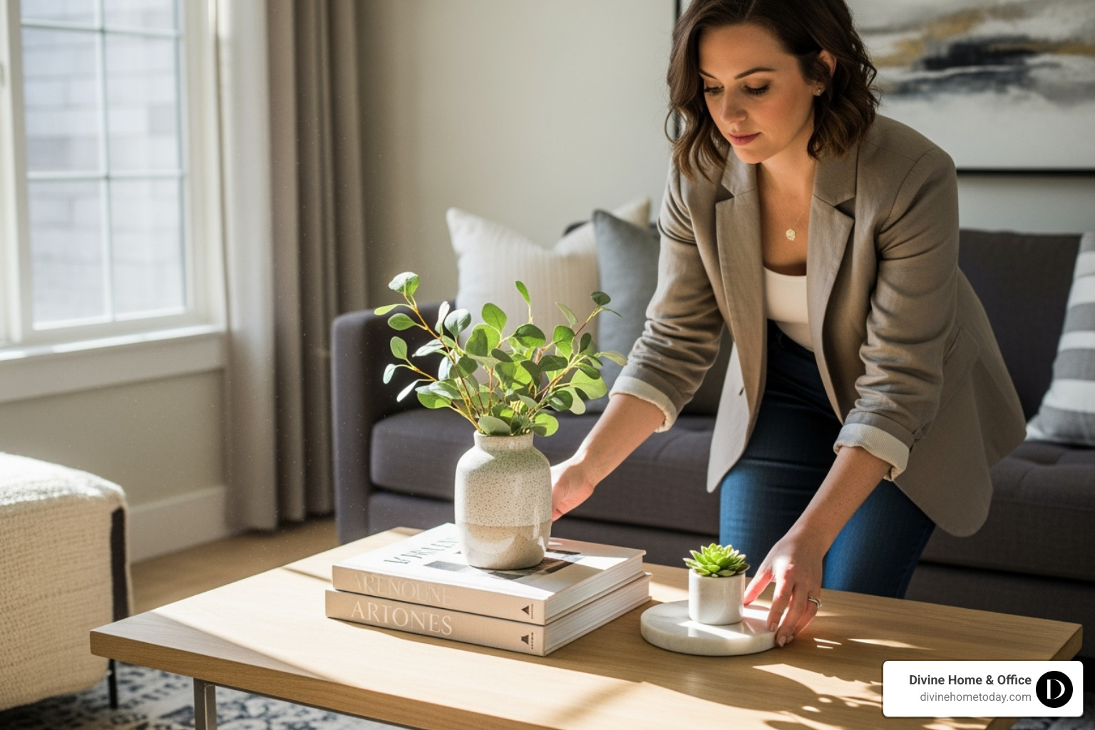 home stager arranging accessories on a coffee table - Home staging Englewood