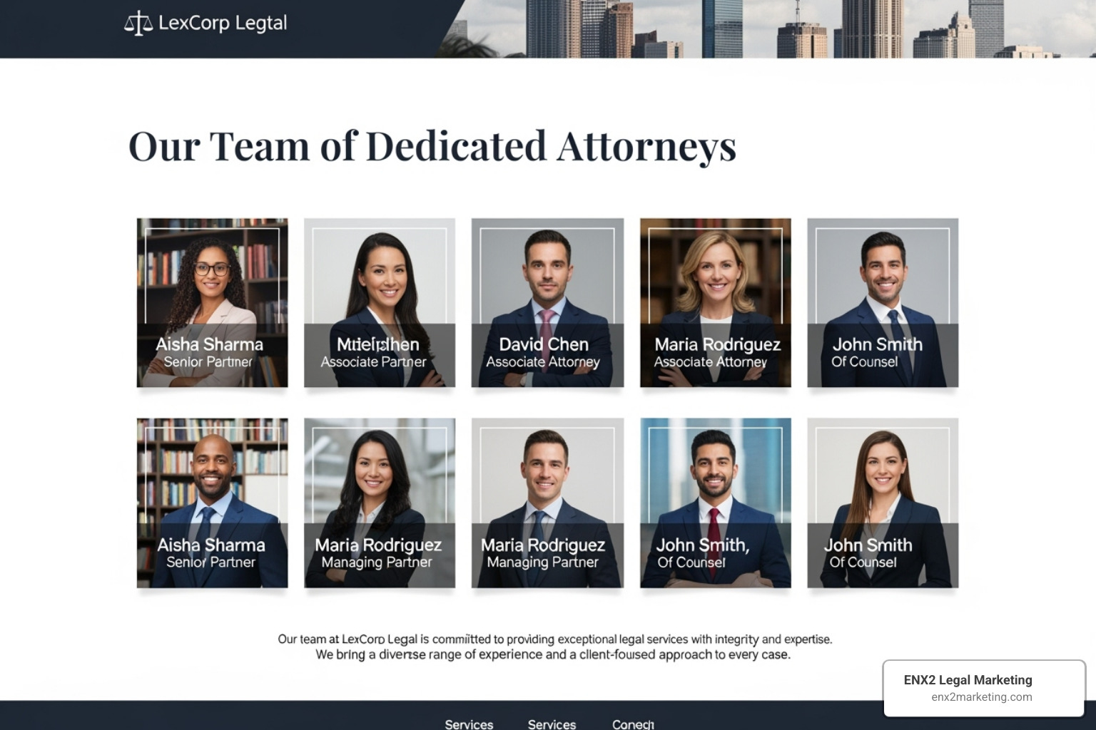 a well-structured "About Us" page with professional attorney photos - build law firm website