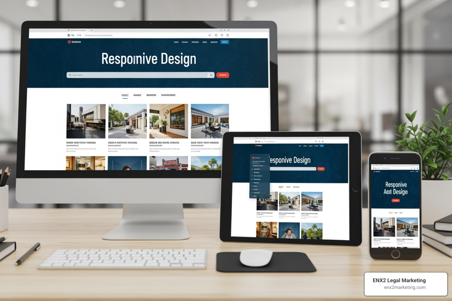 a website's responsive design on a desktop, tablet, and phone - build law firm website