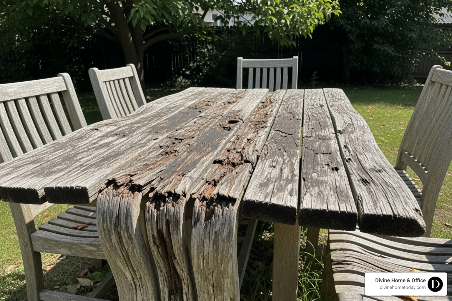 A warped outdoor wood table, showing the effects of improper material selection for environmental conditions - Material selection process