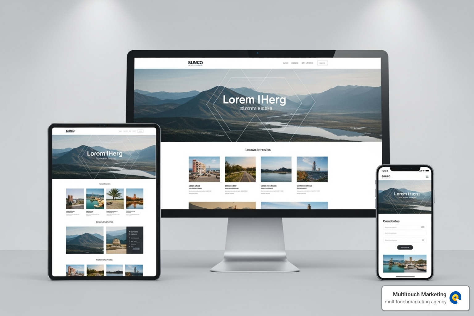 Website displayed seamlessly across a desktop, tablet, and smartphone - web design and development
