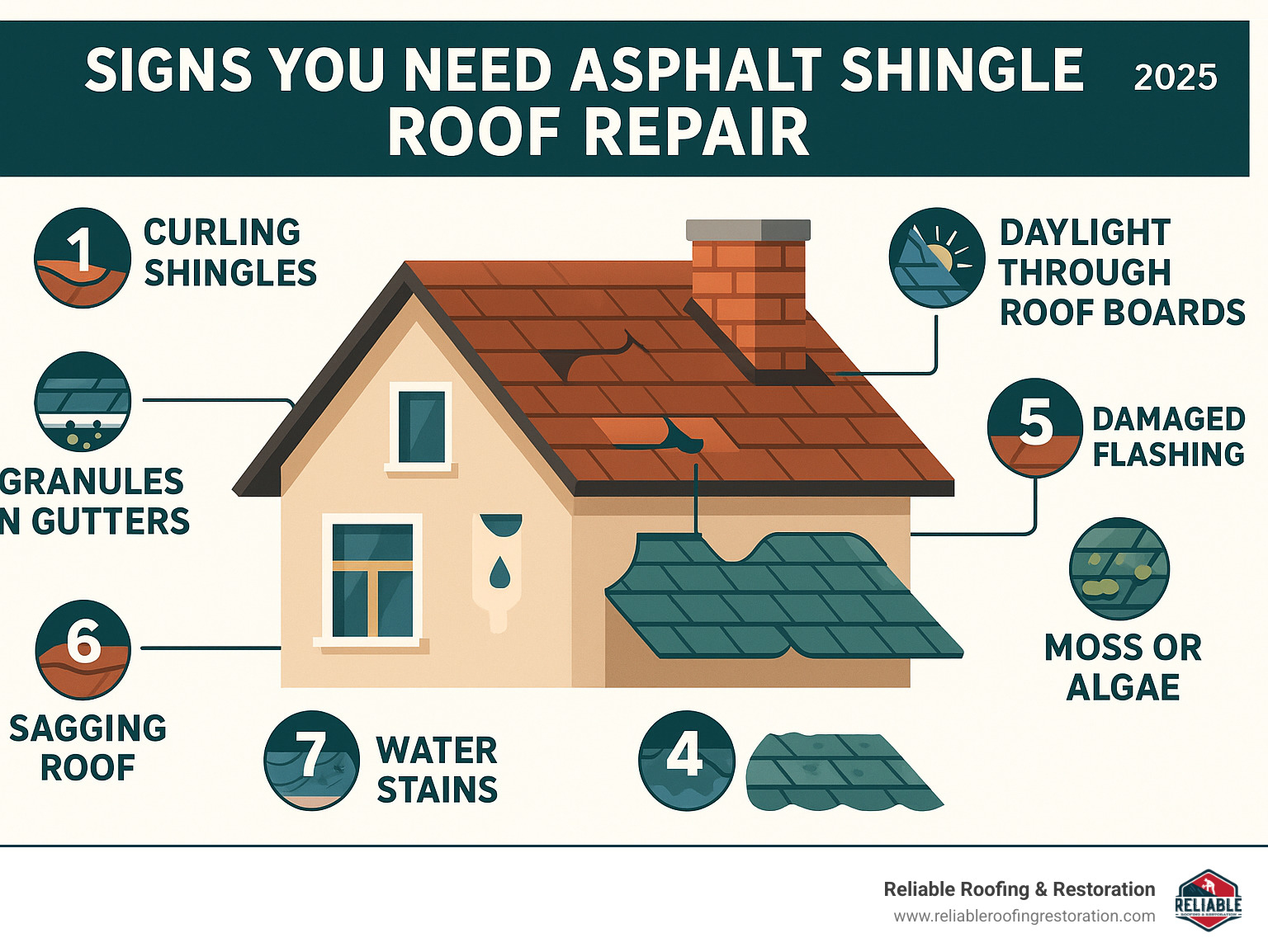Infographic showing the 7 critical signs of asphalt shingle damage including curling shingles, granule loss in gutters, water stains on ceilings, visible daylight through roof boards, damaged flashing around penetrations, sagging roof sections, and moss or algae growth on shingle surfaces - signs you need asphalt shingle roof repair infographic 