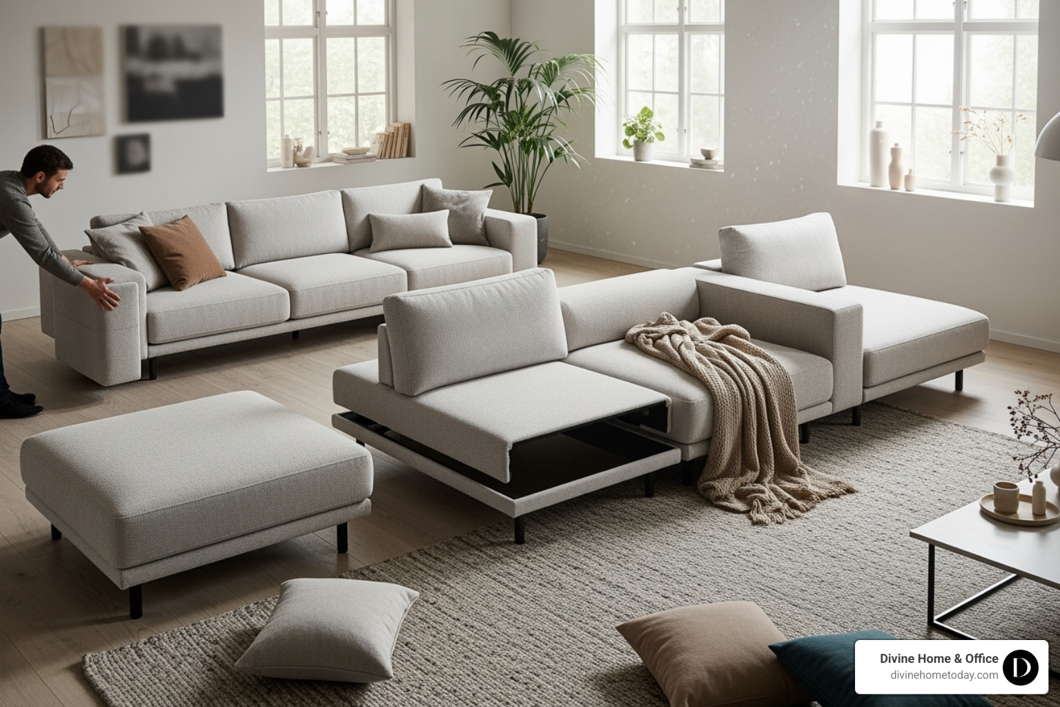 modular sofa system being arranged in different configurations - stage furniture modular sofa system being arranged in different configurations - stage furniture