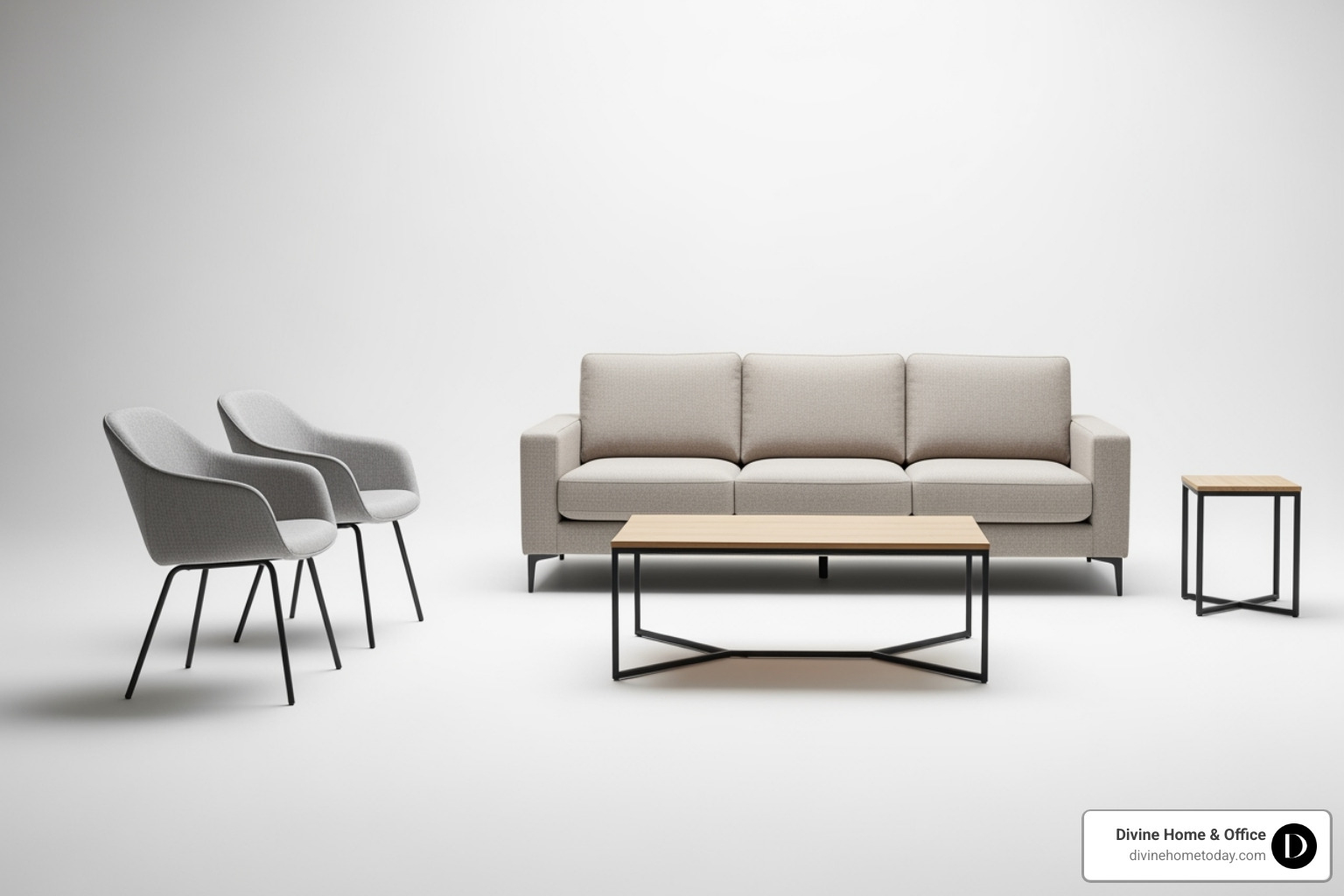 collection of versatile staging pieces like a neutral sofa, accent chairs, and a coffee table - stage furniture collection of versatile staging pieces like a neutral sofa, accent chairs, and a coffee table - stage furniture