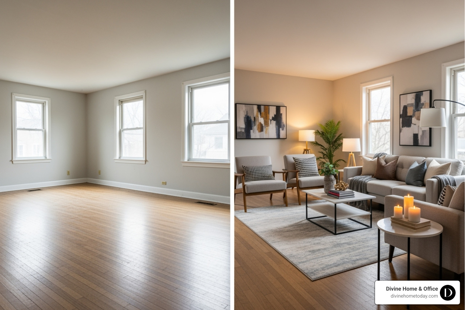 before-and-after comparison of a vacant room versus the same room staged with furniture - stage furniture before-and-after comparison of a vacant room versus the same room staged with furniture - stage furniture