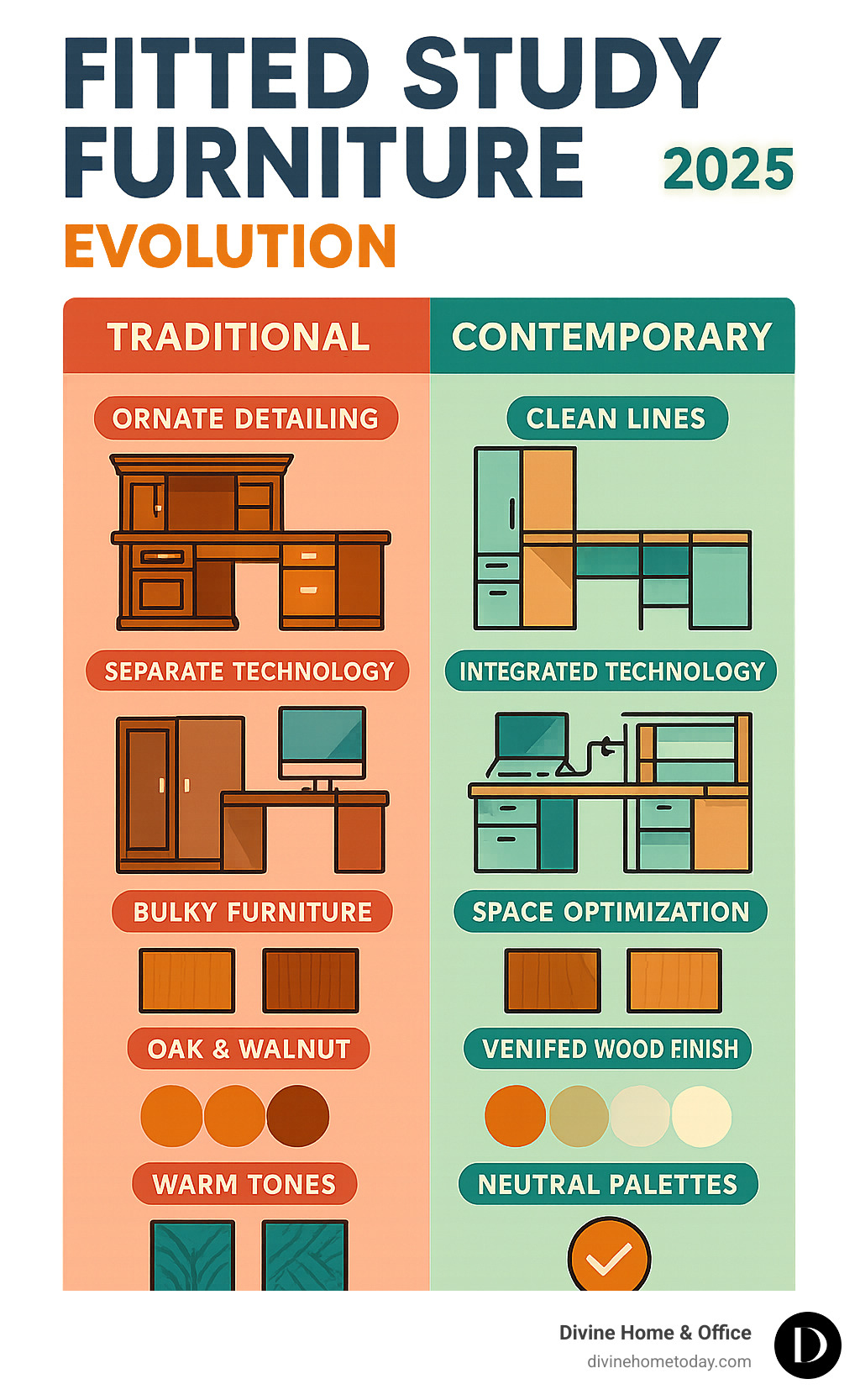 Comprehensive comparison chart showing the evolution from traditional to contemporary fitted study furniture, highlighting key design elements including clean lines, integrated technology, space optimization features, material choices like oak and walnut veneers, color psychology with neutral palettes and bold accents, and the blend of historical influences from Art Deco geometry to Scandinavian functionality - fitted study furniture contemporary infographic Comprehensive comparison chart showing the evolution from traditional to contemporary fitted study furniture, highlighting key design elements including clean lines, integrated technology, space optimization features, material choices like oak and walnut veneers, color psychology with neutral palettes and bold accents, and the blend of historical influences from Art Deco geometry to Scandinavian functionality - fitted study furniture contemporary infographic